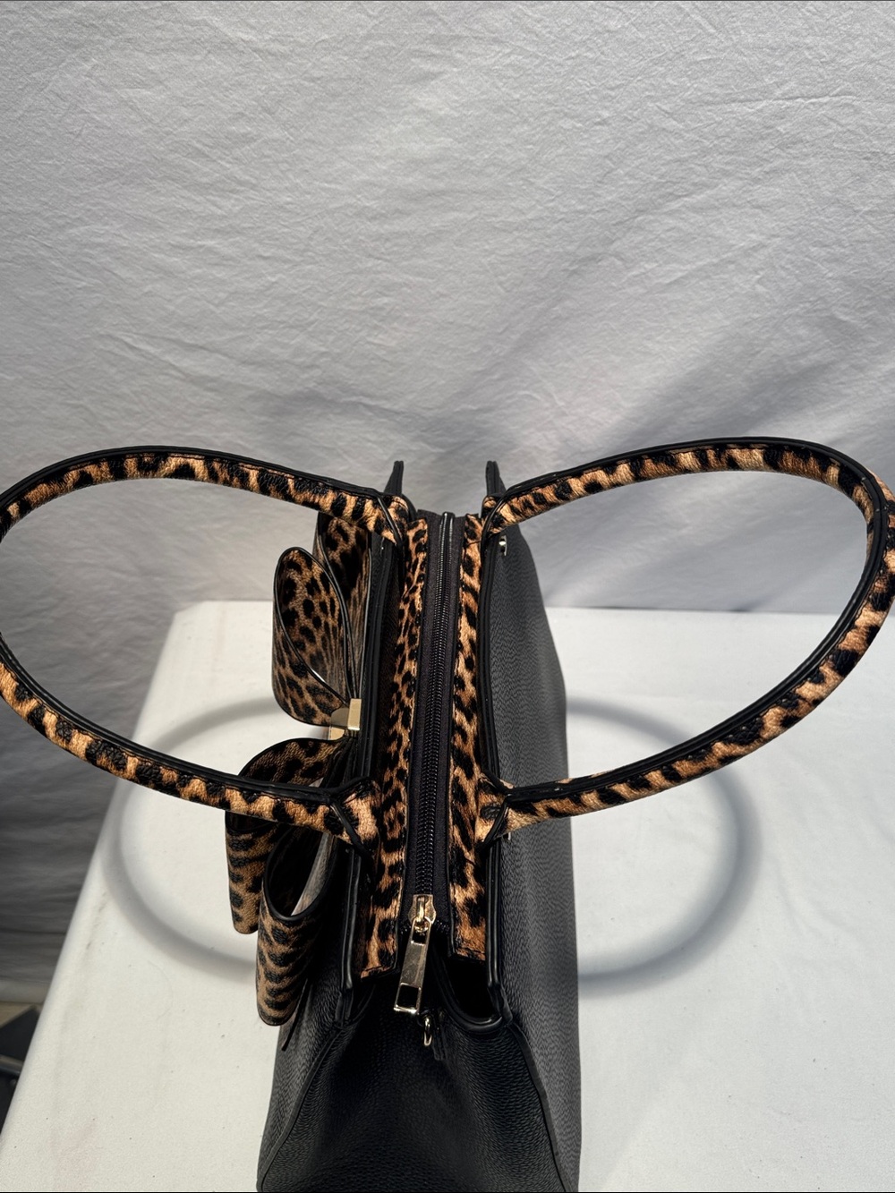 Black Satchel with Leopard Bow Accent - Picture 14 of 15